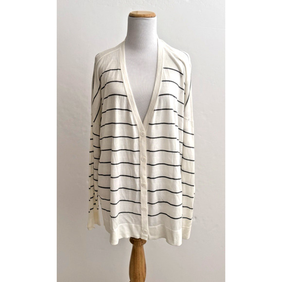 Eileen Fisher V-Neck Cardigan XL White Black Stripe Long-Sleeve Tencel Knit NWT - Picture 1 of 9